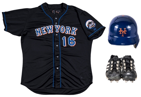 Lot of (3) 2000 Derek Bell Game Used New York Mets Black Jersey, Adidas Cleats & Batting Helmet (MEARS, JT Sports)